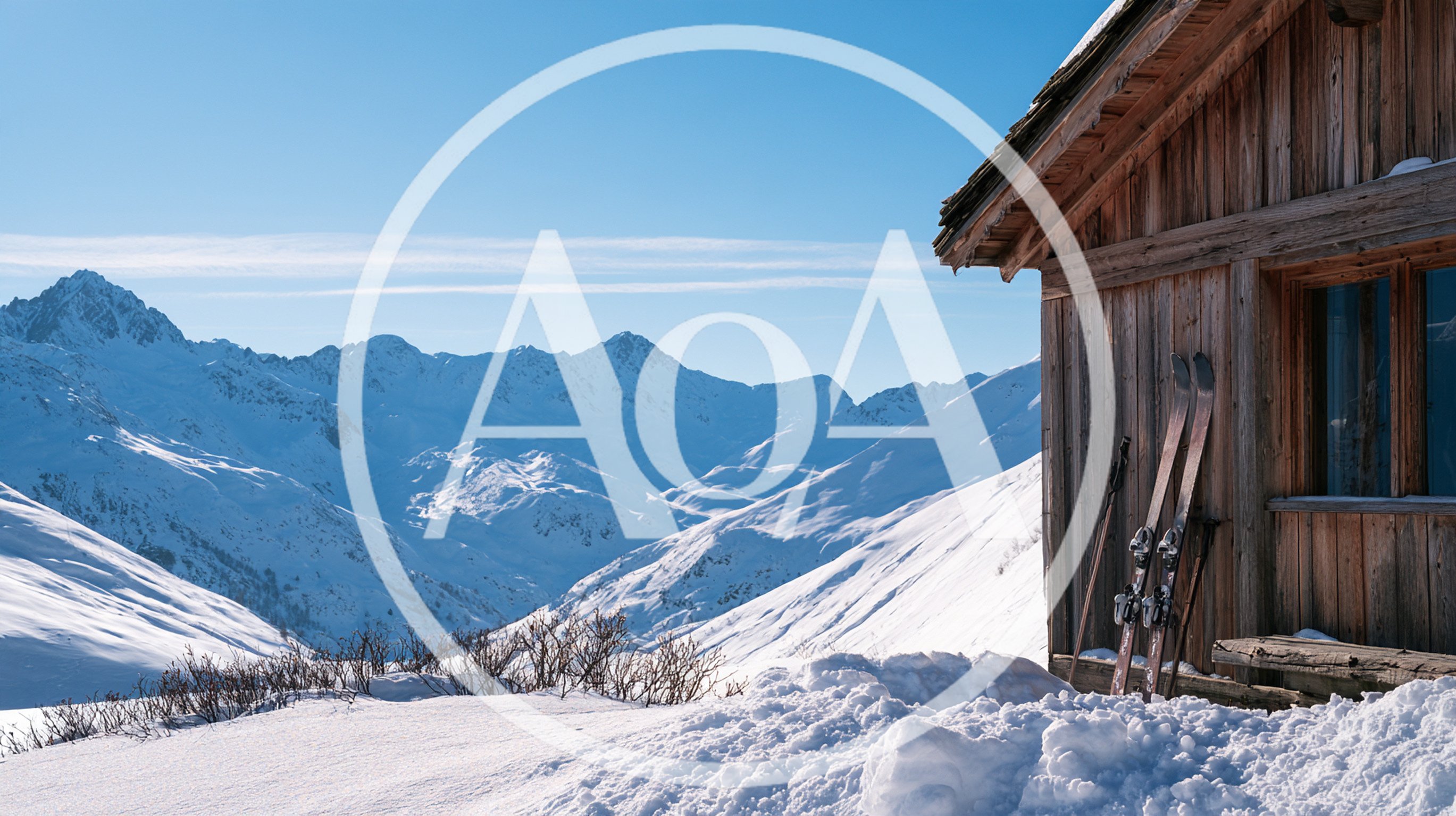 Wooden Ski Cabin In Snowy Alpine Mountains