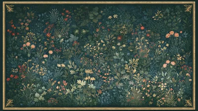 Millefleurs Style Floral Tapestry With Dark Botanical Background