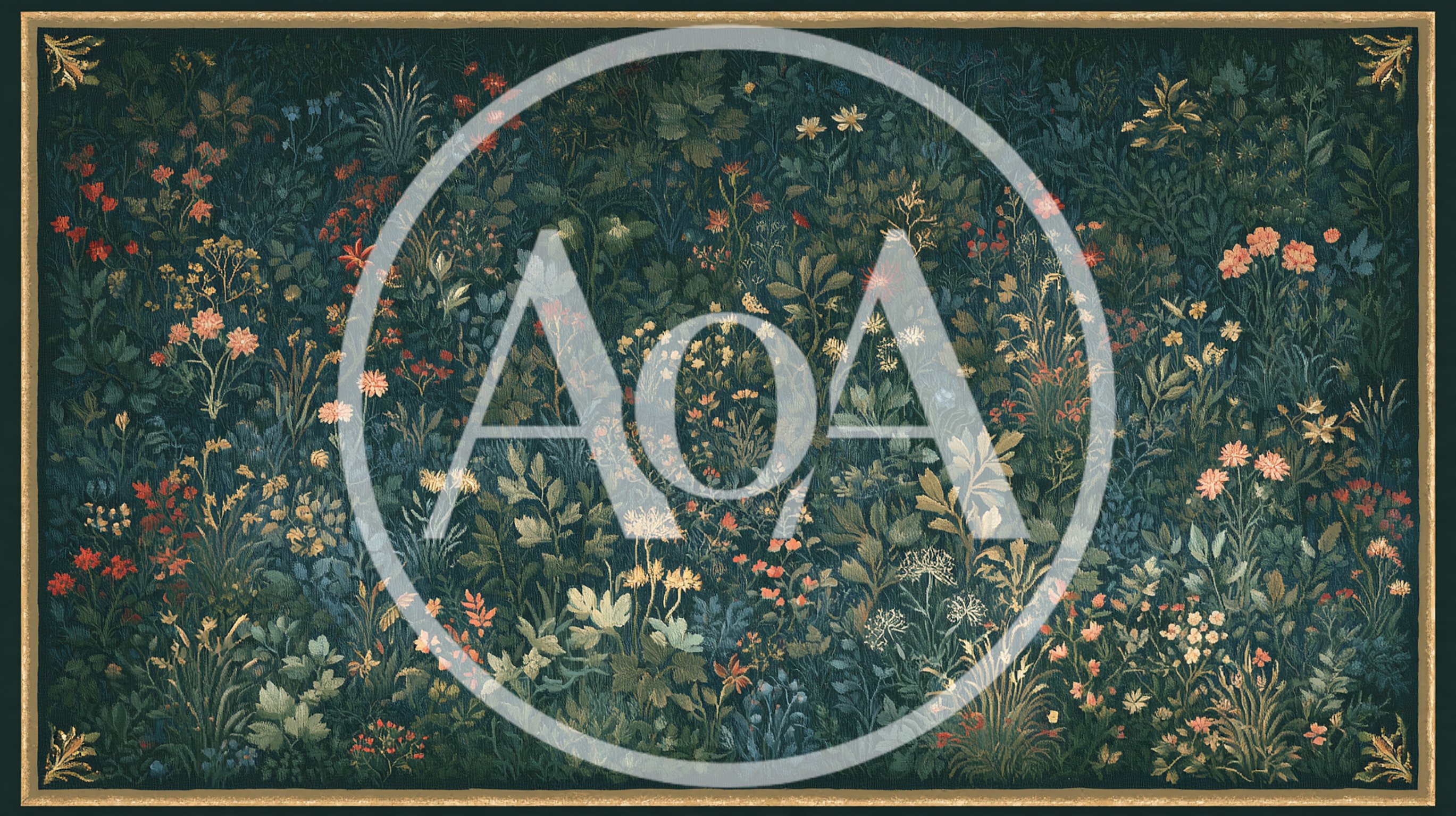 Millefleurs Style Floral Tapestry With Dark Botanical Background