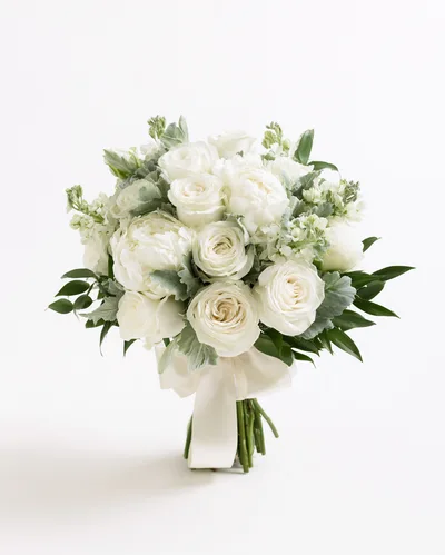 Elegant White Wedding Bouquet With Roses And Peonies