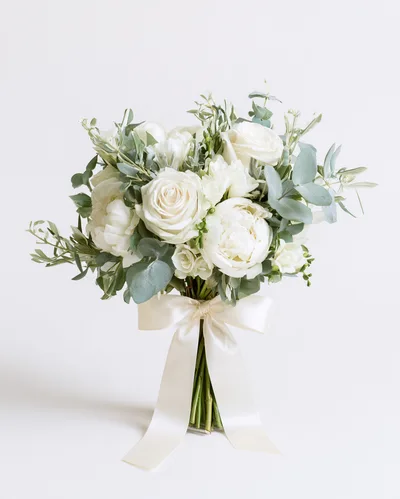Elegant White Wedding Bouquet With Roses And Peonies
