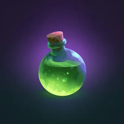 Glowing Green Magic Potion In A Round Glass Bottle