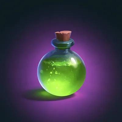 Glowing Green Magic Potion In A Round Glass Bottle