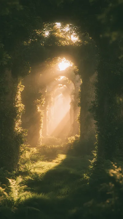 Sunlight Streaming Through Ancient Overgrown Stone Arches