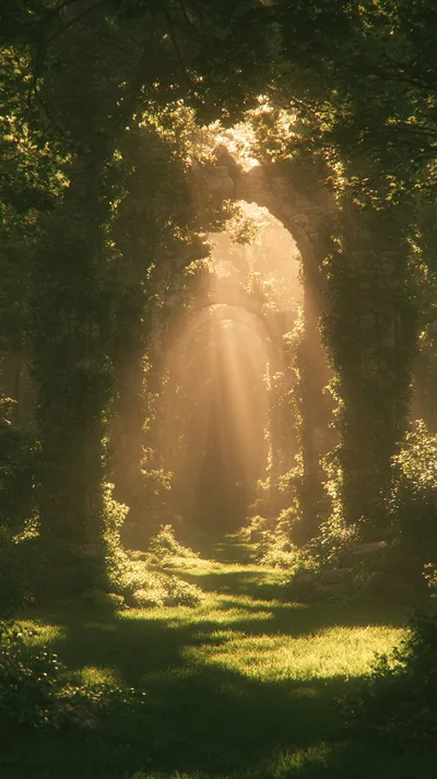 Ancient Stone Archway Ruins In A Sunlit Forest