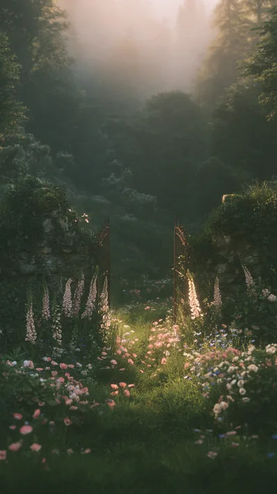 Enchanted Garden Gate In A Misty Forest