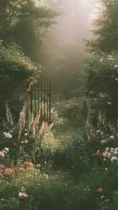 Enchanted Garden Gate With Blooming Flowers In Morning Mist