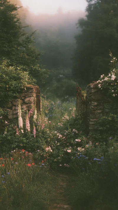 Stone Garden Gate Entrance With Wildflowers In Misty Morning