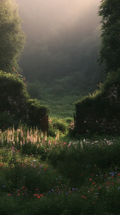 Sunlit Wildflower Garden Entrance Through Ancient Stone Ruins