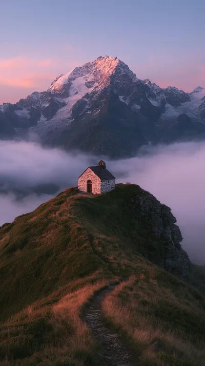 Small Stone Chapel On A Mountain Ridge At Sunset