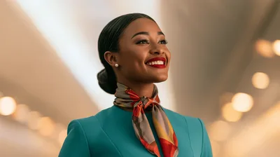 Smiling Flight Attendant Wearing Teal Uniform and Scarf