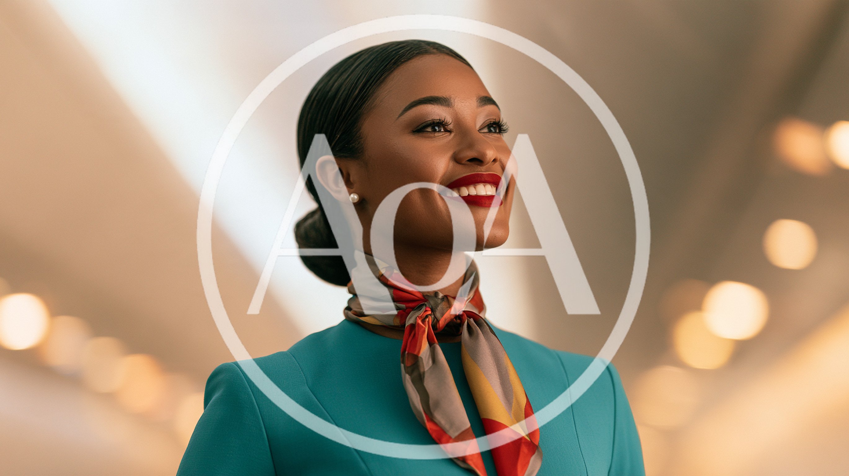 Smiling Flight Attendant Wearing Teal Uniform and Scarf