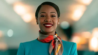 Professional Flight Attendant Smiling In Airplane Cabin