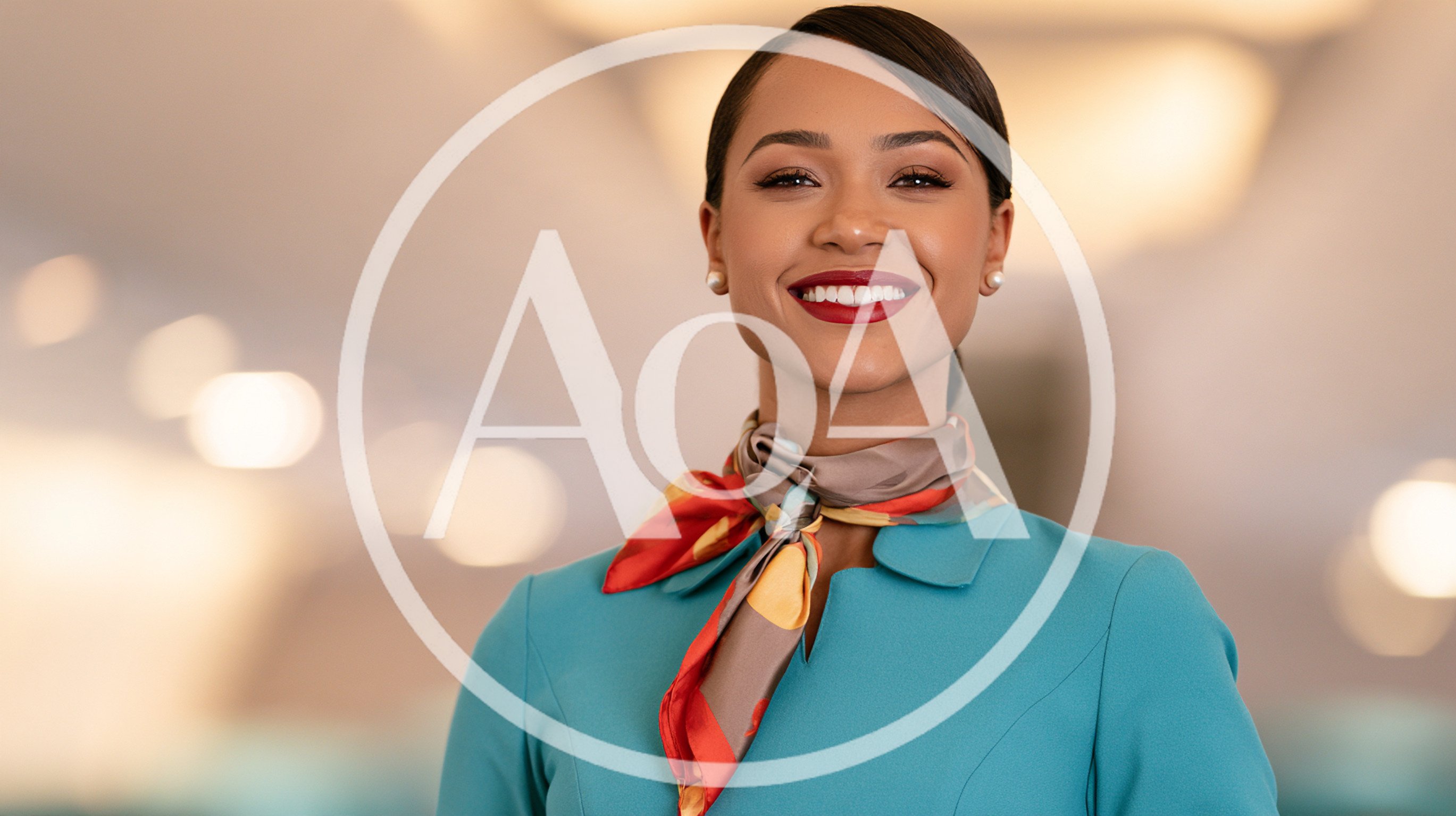 Smiling Flight Attendant Wearing Teal Uniform And Silk Scarf