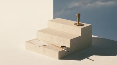 Minimalist Stone Staircase Display With Stationery And Stamp