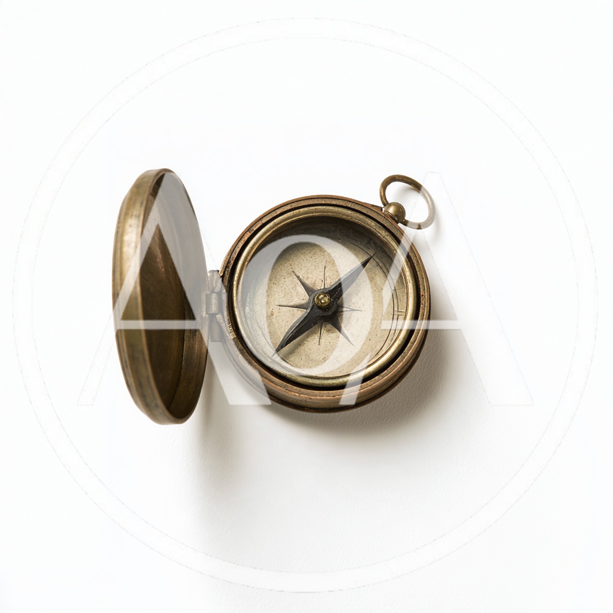 Antique Brass Pocket Compass On White Background