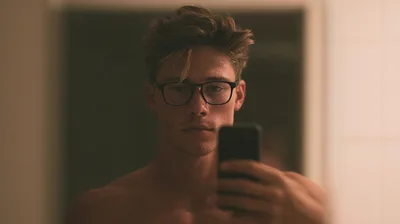 Young Man Taking A Mirror Selfie In Dim Lighting
