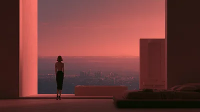 Woman Standing In Minimalist Apartment Overlooking City Skyline