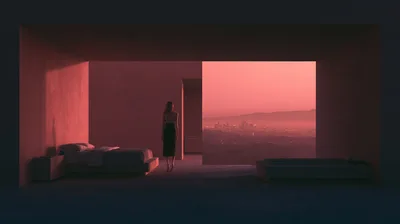 Woman Standing In Minimalist Bedroom Overlooking City Skyline