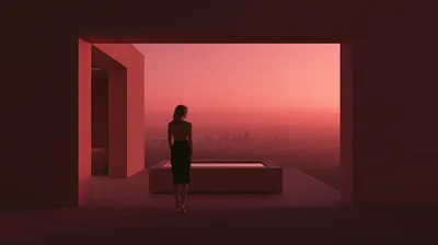 Woman Standing Before A Bathtub Overlooking A City Skyline
