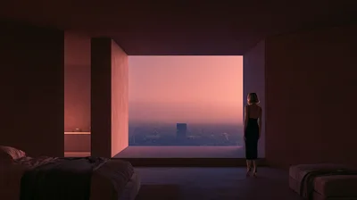 Woman Standing In Minimalist Bedroom Looking At City Skyline