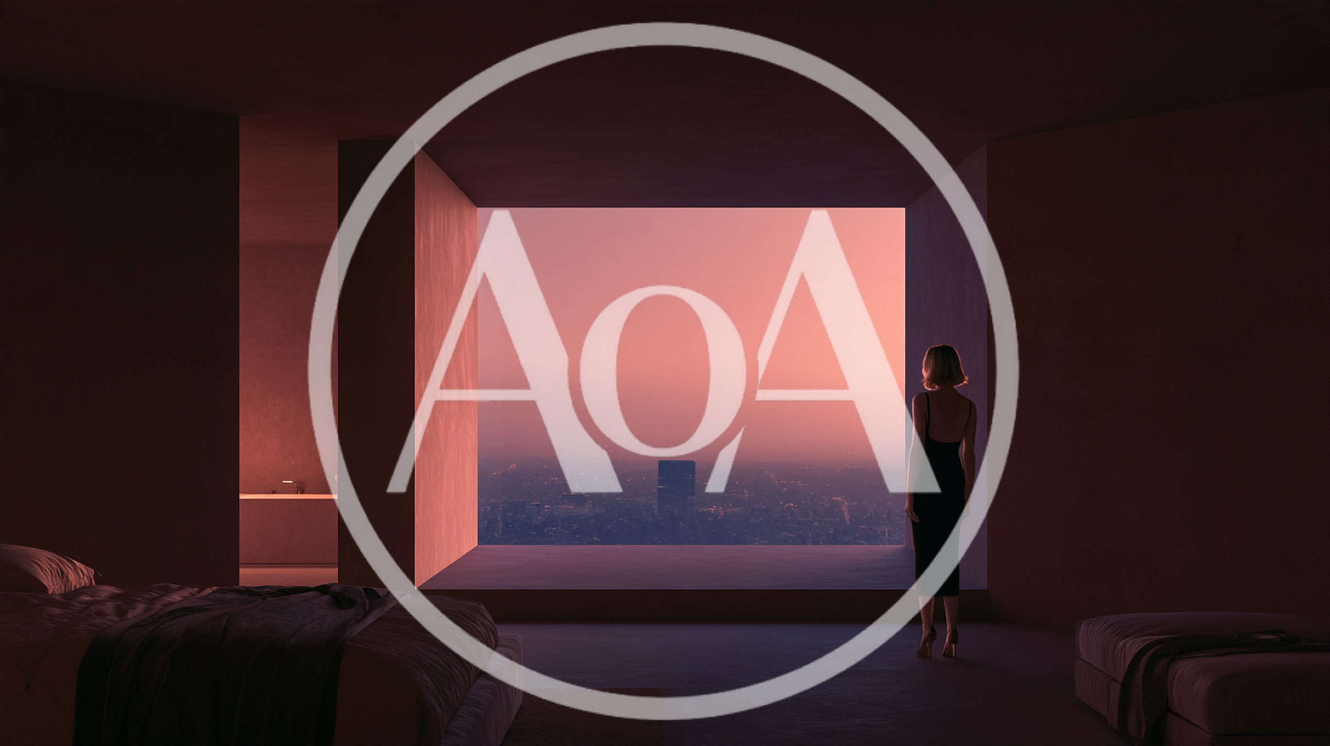 Woman Standing In Minimalist Bedroom Looking At City Skyline