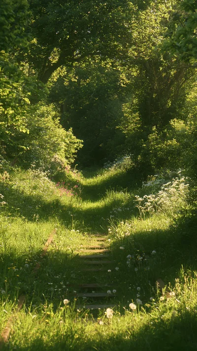 Overgrown Abandoned Railway Tracks Through A Lush Green Forest