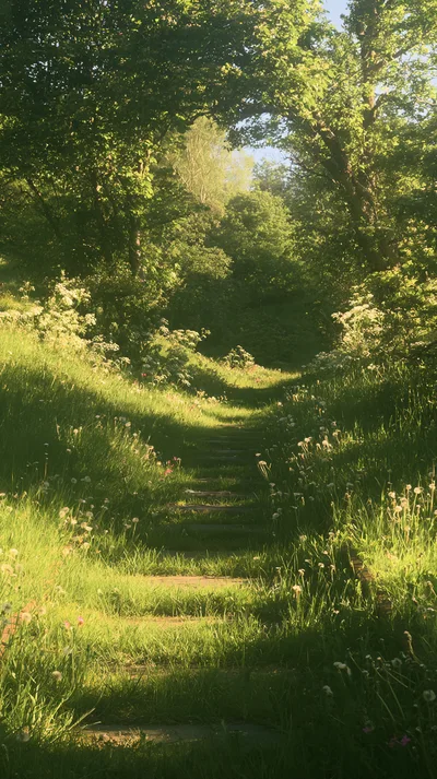 Sunlit Stone Steps Through A Lush Green Forest Path