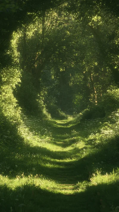 Sunlit Path Through A Lush Green Forest Tunnel