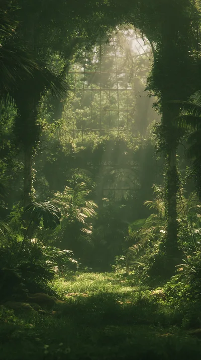 Overgrown Abandoned Greenhouse With Lush Tropical Vegetation