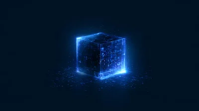 Glowing Digital Data Cube Floating In Dark Space