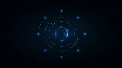 Digital Hexagonal Core With Rotating Shield Icons