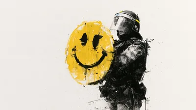 Riot Police Officer Holding A Large Smiley Face Shield