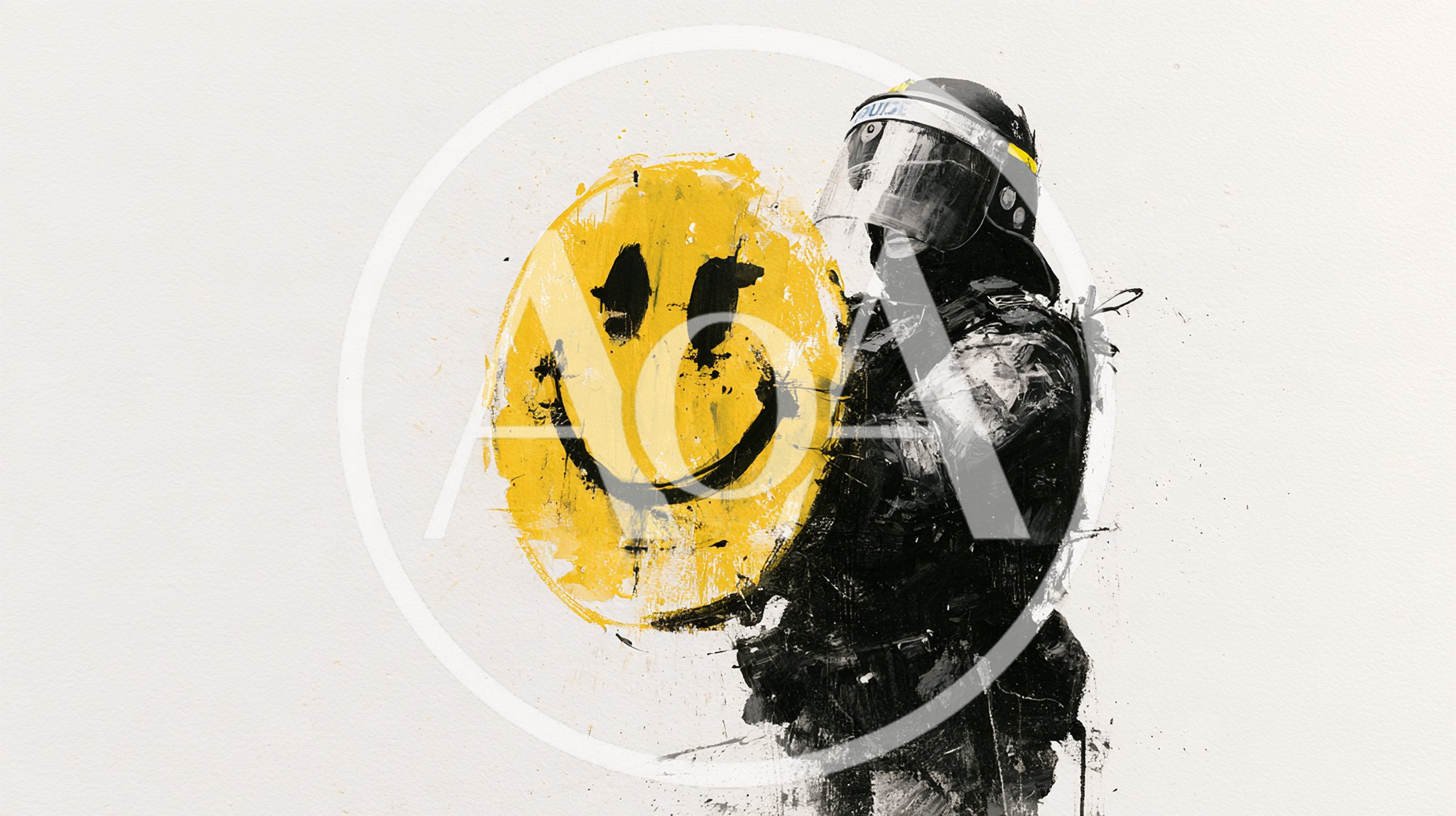 Riot Police Officer Holding A Large Smiley Face Shield