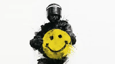 Riot Police Officer Holding A Yellow Smiley Face Shield