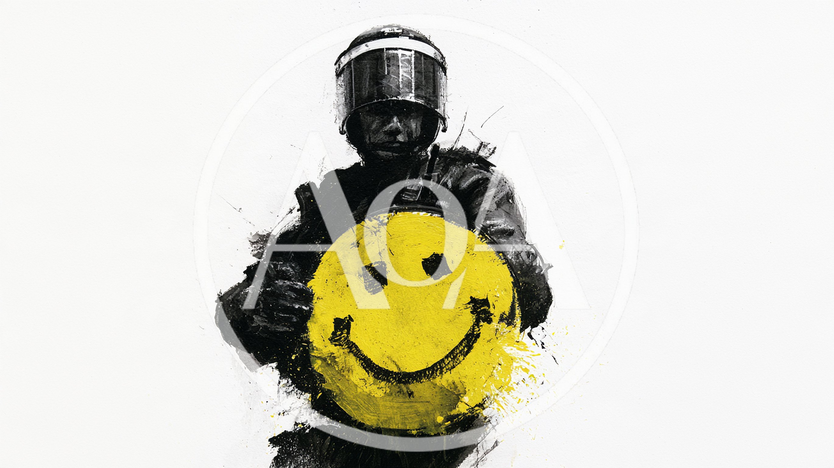 Riot Police Officer Holding A Yellow Smiley Face Shield