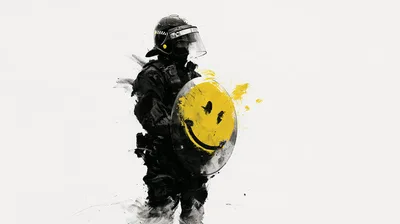 Riot Police Officer Holding A Smiley Face Shield