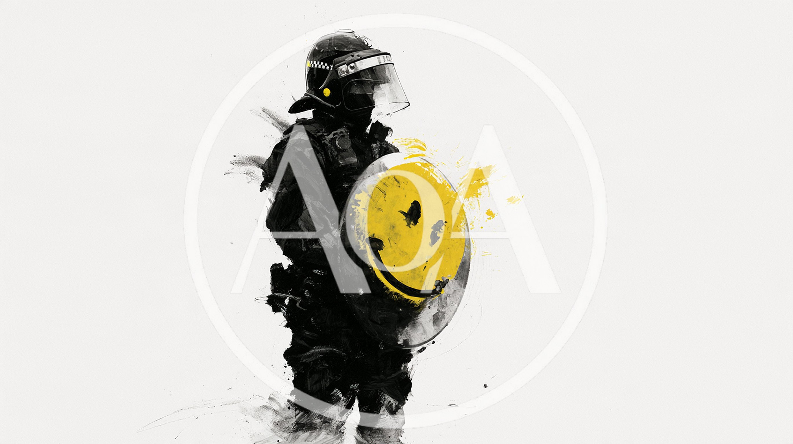 Riot Police Officer Holding A Smiley Face Shield
