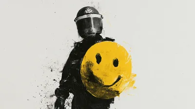 Riot Police Officer Holding A Yellow Smiley Face Shield
