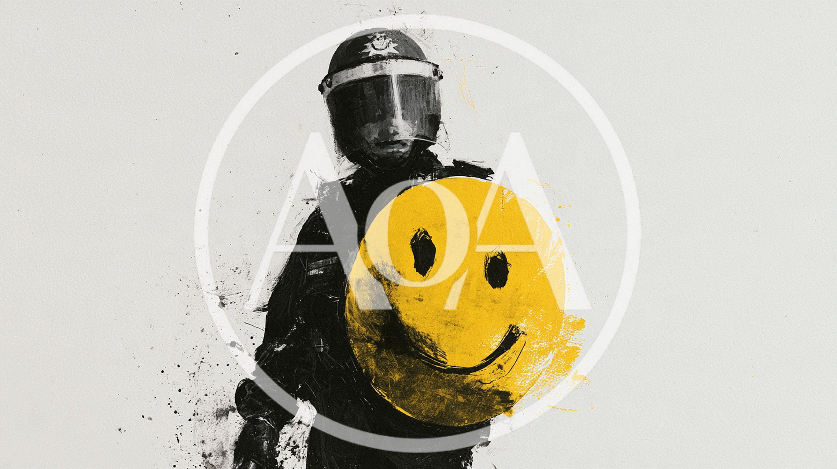 Riot Police Officer Holding A Yellow Smiley Face Shield