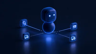 3D Rendered Robot With Connected Digital Service Icons