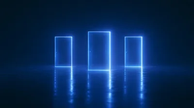 Three Glowing Neon Blue Doors In Dark Space