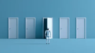 White Robot Standing Before Open Door In Blue Room