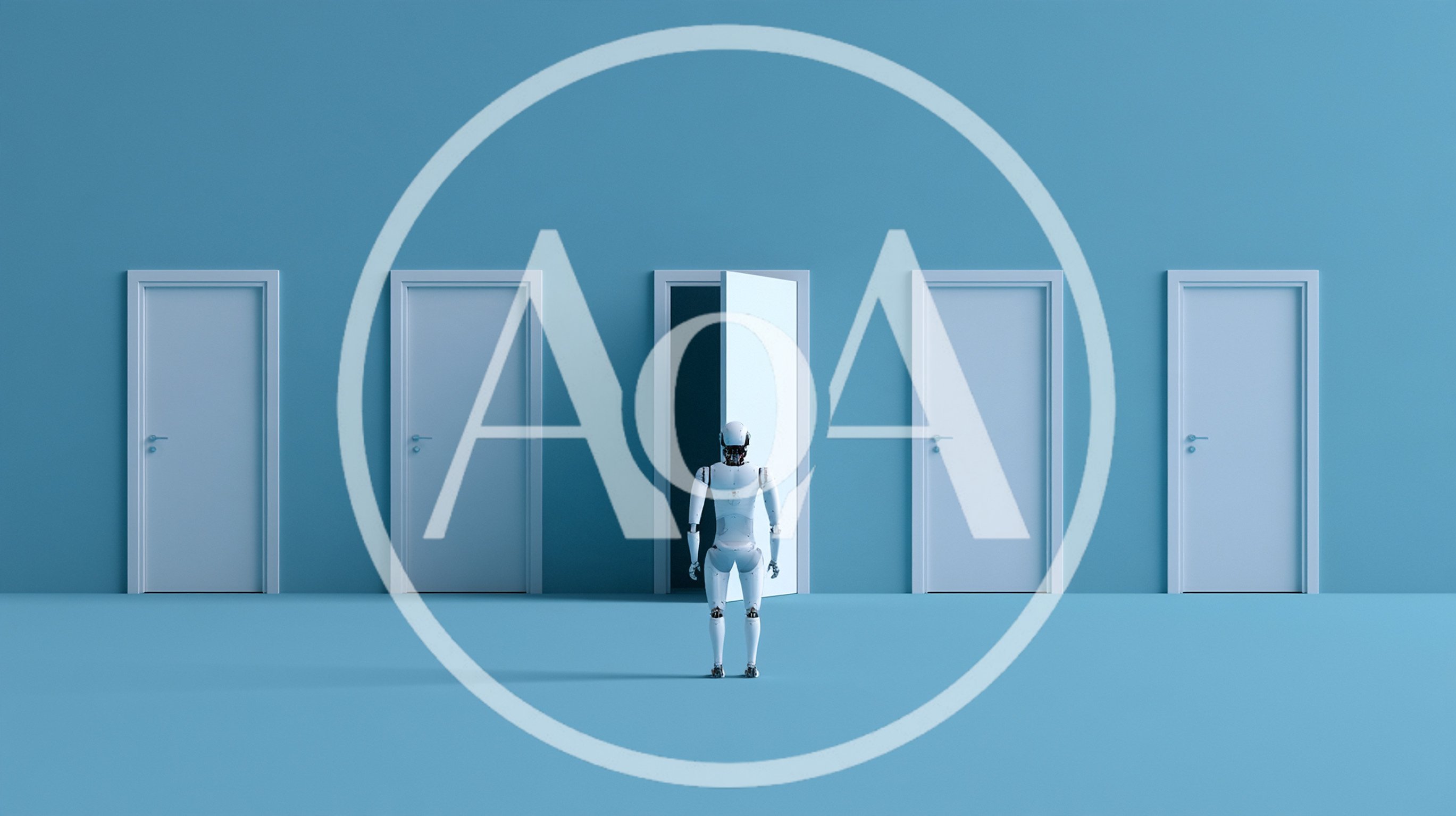 White Robot Standing Before Open Door In Blue Room