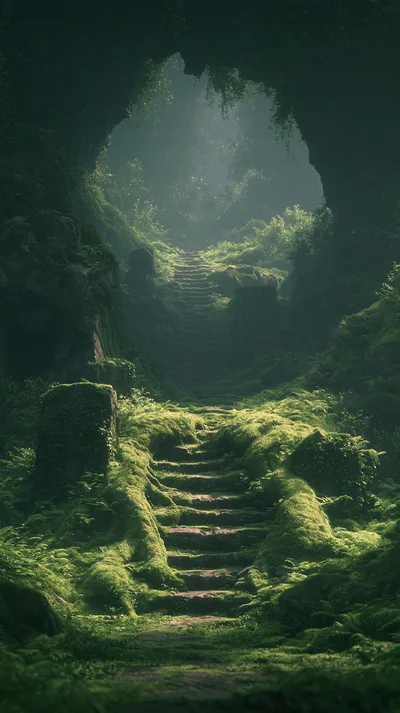 Ancient Stone Staircase Leading Into A Mossy Forest Cave