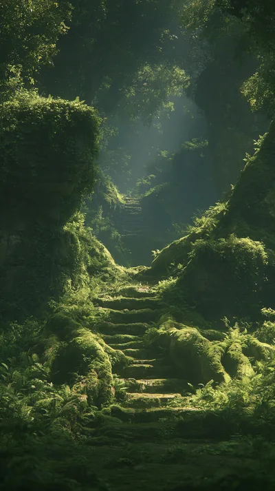 Ancient Stone Staircase Overgrown With Moss In Lush Forest