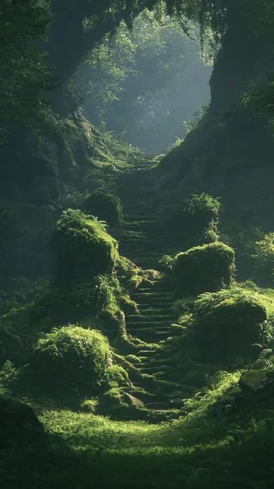 Ancient Stone Staircase Overgrown With Lush Green Moss