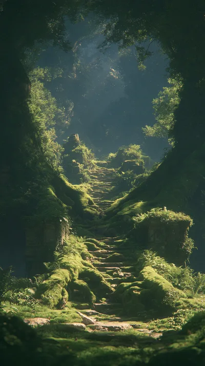Ancient Moss Covered Stone Staircase In Lush Jungle