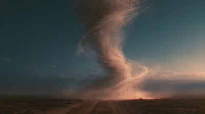 Large Dust Devil Swirling Over Desert Landscape