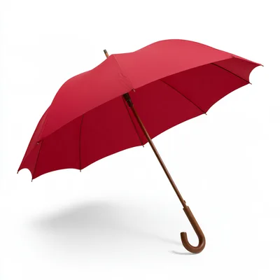 Red Umbrella With Wooden Handle Isolated On White